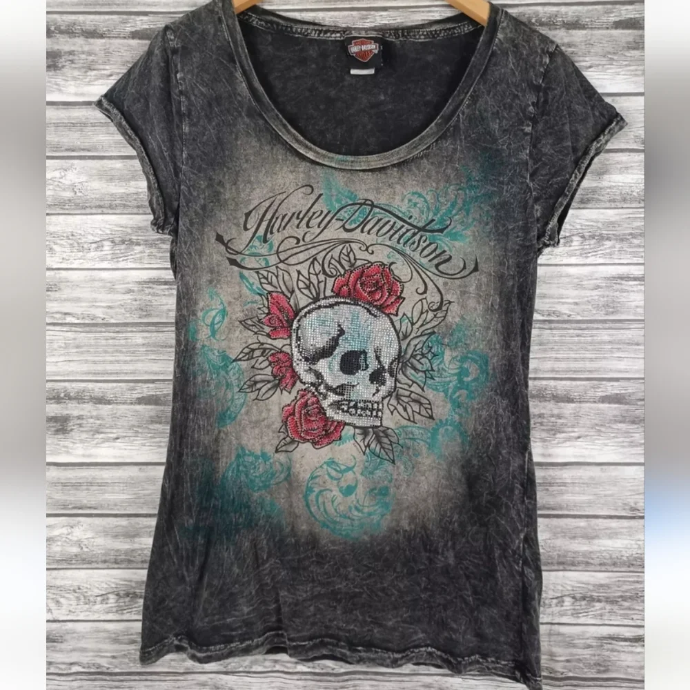 Harley-Davidson Rhinestone Skull T-Shirt - Picture 1 of 8